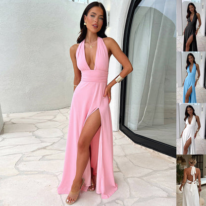 Halter V-neck slit dress side view
