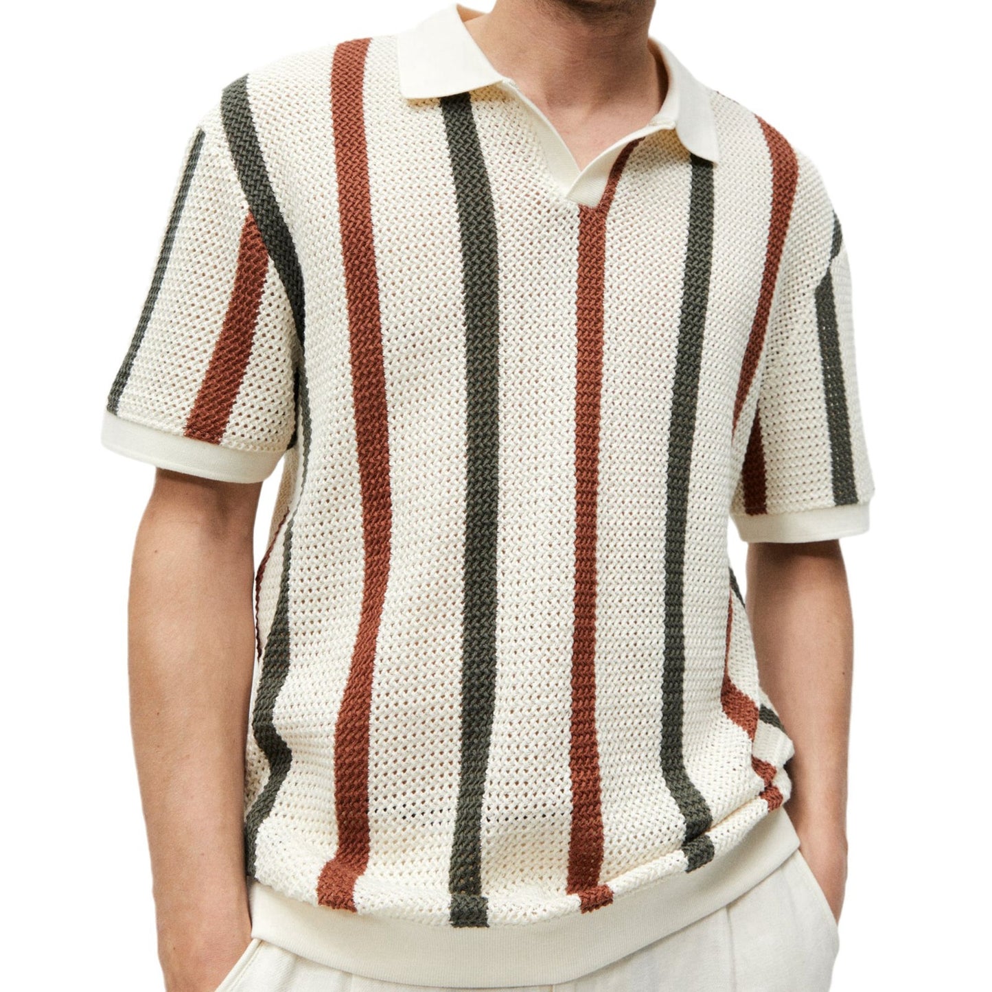 Resort knit stripe polo collar detail