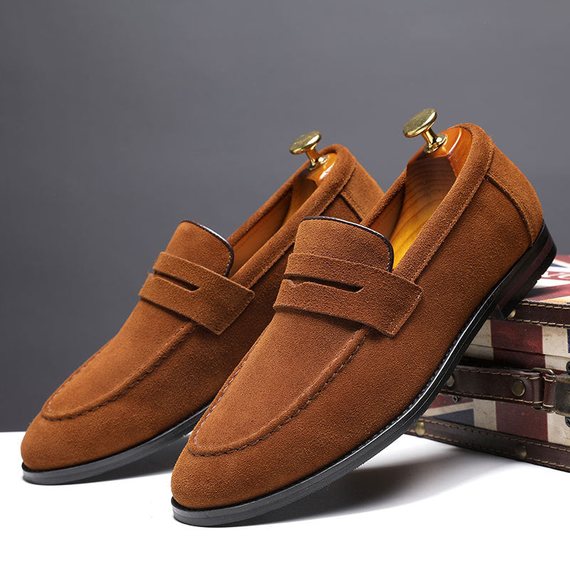 Men's suede penny loafers side view