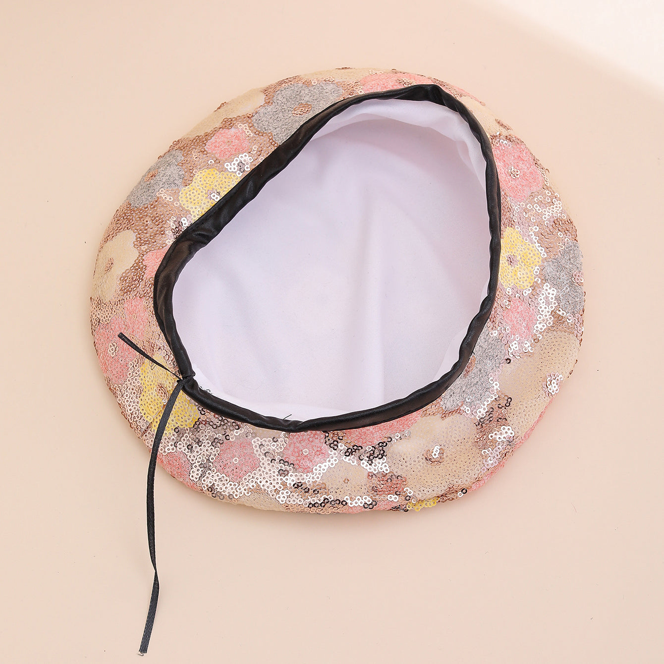 Sequin flower beret hat side view