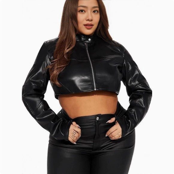 Cropped biker leather jacket color options