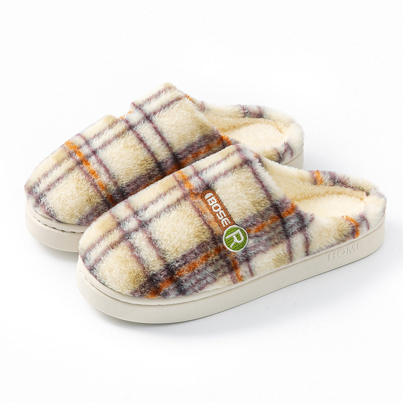 Plush plaid home shoes styled
