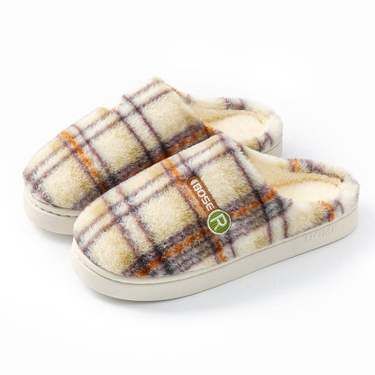 Plush plaid home shoes styled