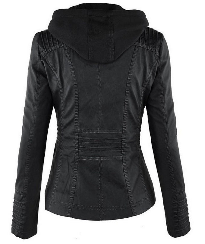 Detachable hood leather jacket side view