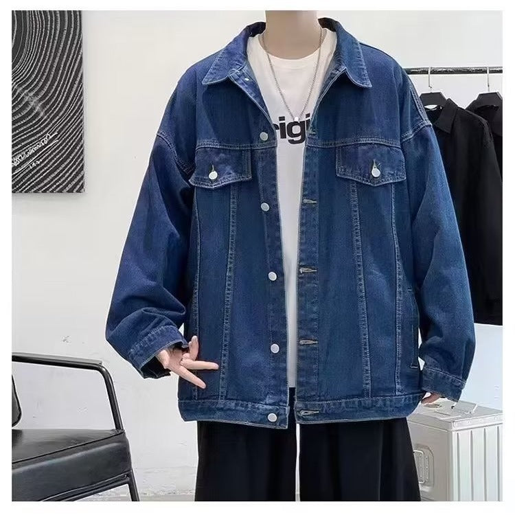 Men's loose fit denim jacket fabric close-up