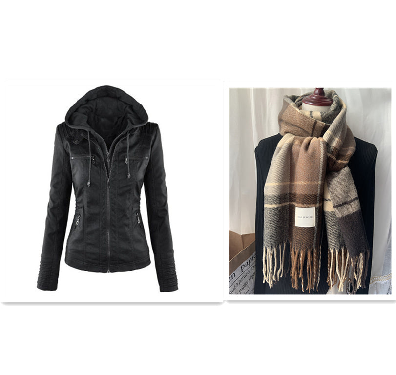 Detachable hood leather jacket color options