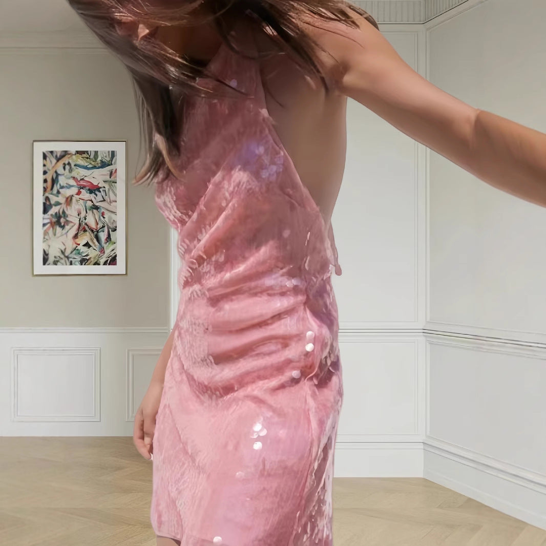 Beaded halter backless dress lifestyle