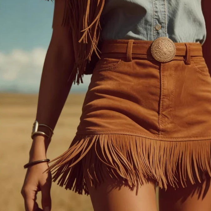 Suede fringe boho skirt side view