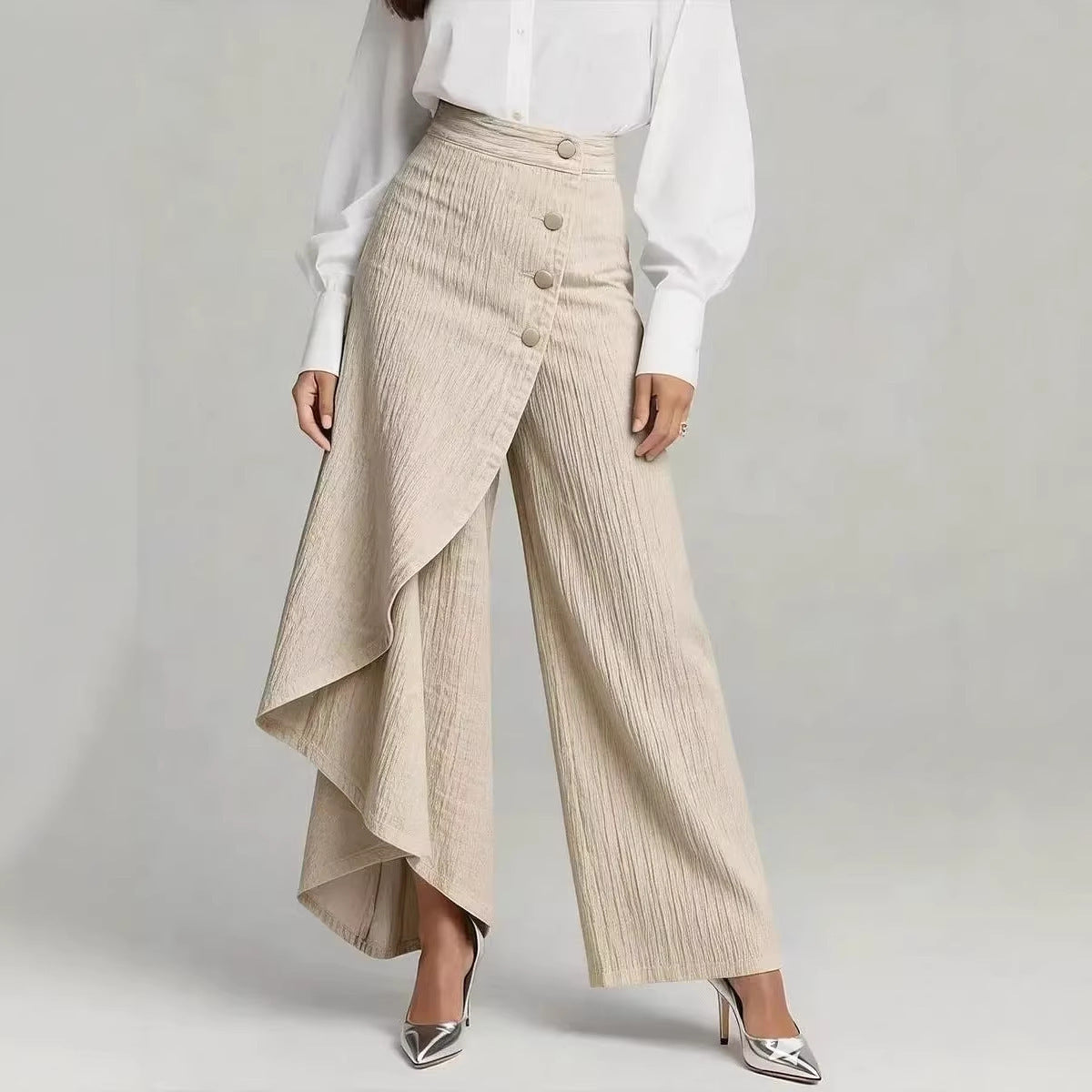 Ruffled button straight pants ruffle detail