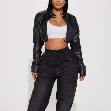 Cropped biker leather jacket side view