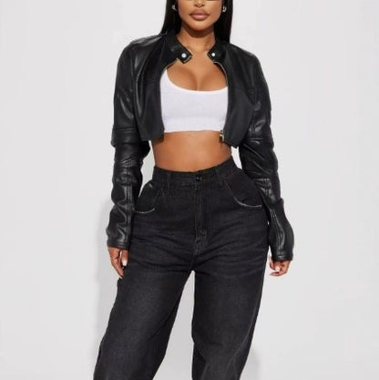Cropped biker leather jacket side view