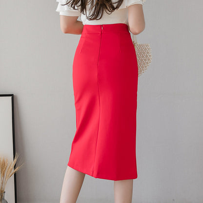 Korean office skirt button detail