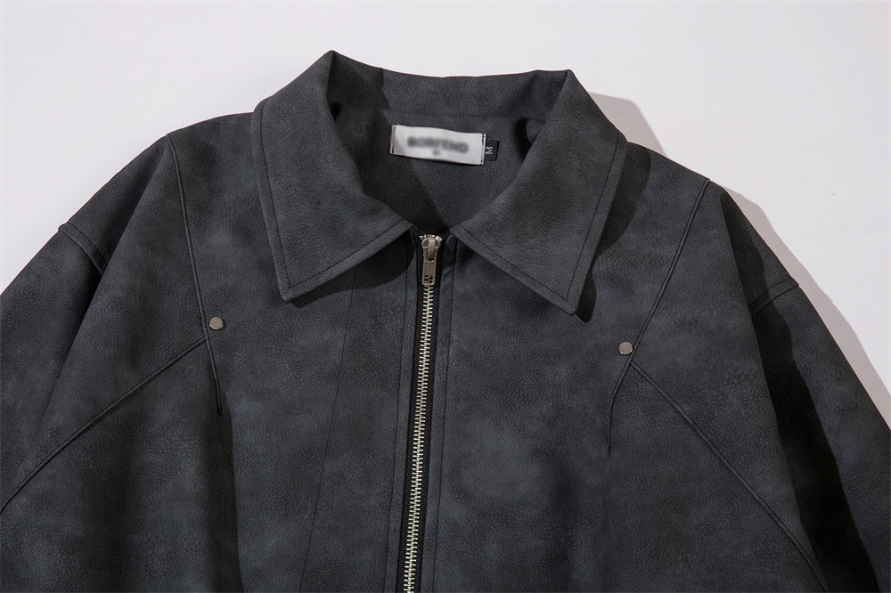 Men's polo collar leather coat back view