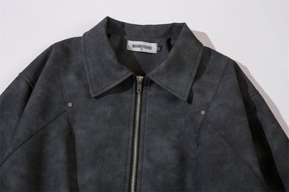 Men's polo collar leather coat back view