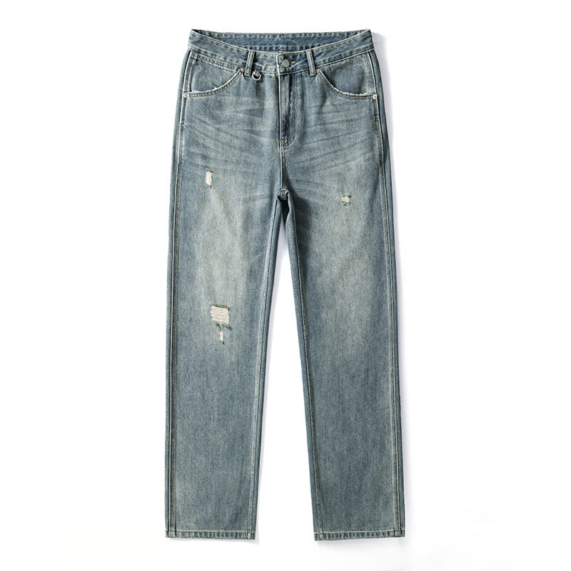 Men's American ripped straight jeans distressed denim
