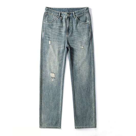 Men's American ripped straight jeans distressed denim