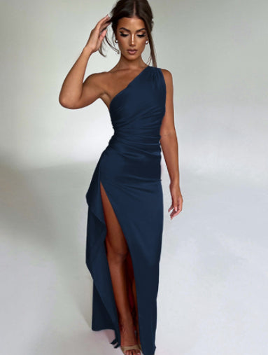 One shoulder satin dress lifestyle