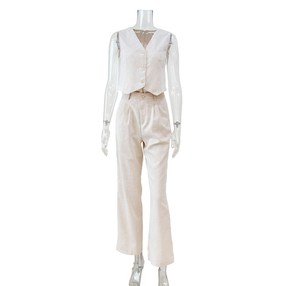 Classy lady linen two-piece set lifestyle styled