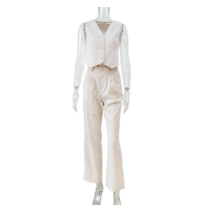 Classy lady linen two-piece set lifestyle styled