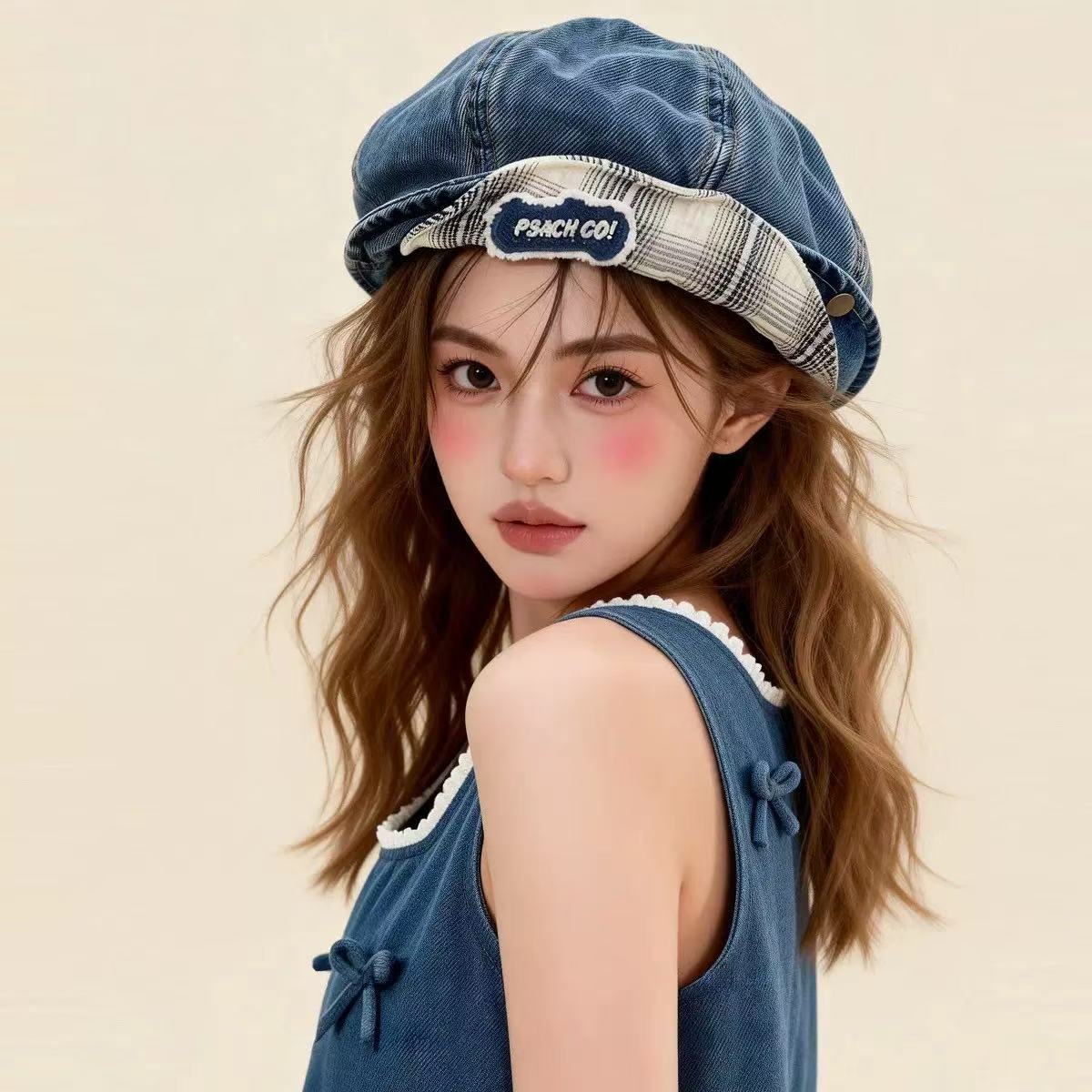 Double brim denim beret side view