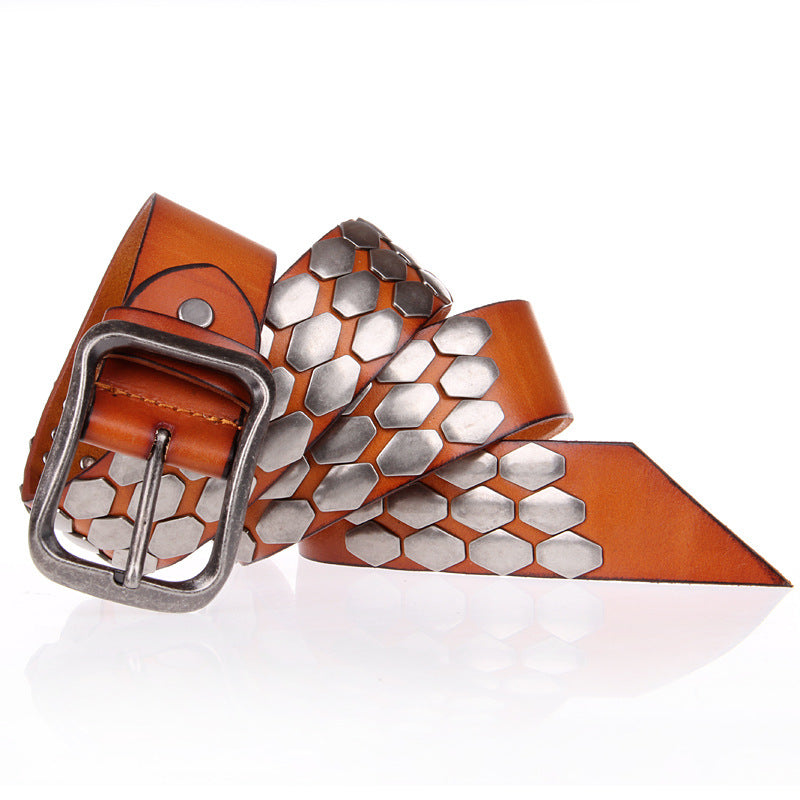 Premium full-grain tan leather belt on model
