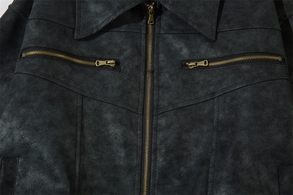 Men's vintage distressed leather jacket collar detail