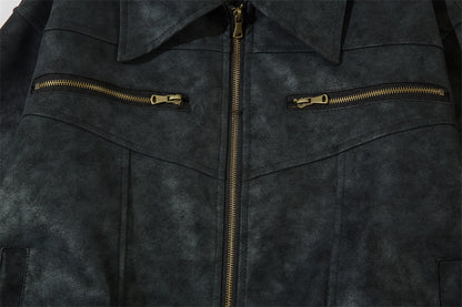 Men's vintage distressed leather jacket collar detail