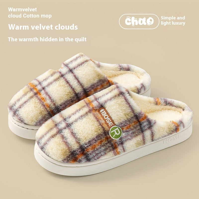 Plush plaid home shoes side view