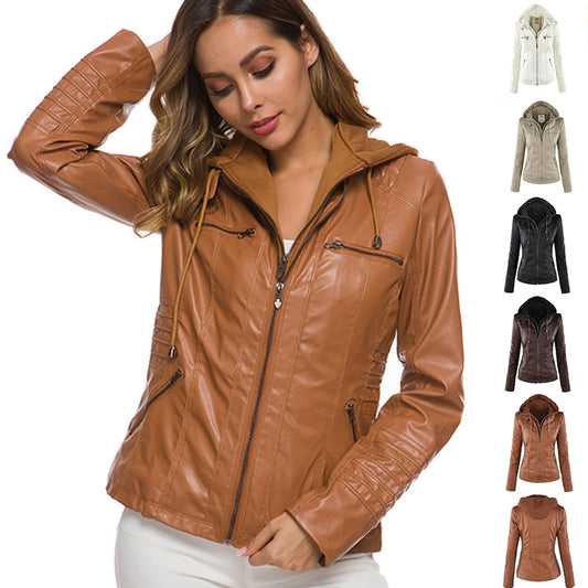 Detachable hood leather jacket main view