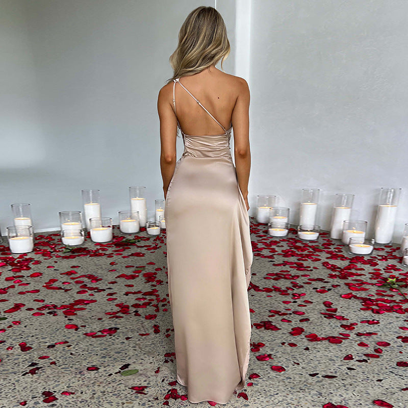 One shoulder satin dress back view