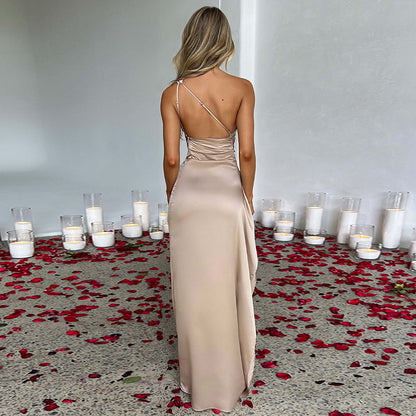 One shoulder satin dress back view