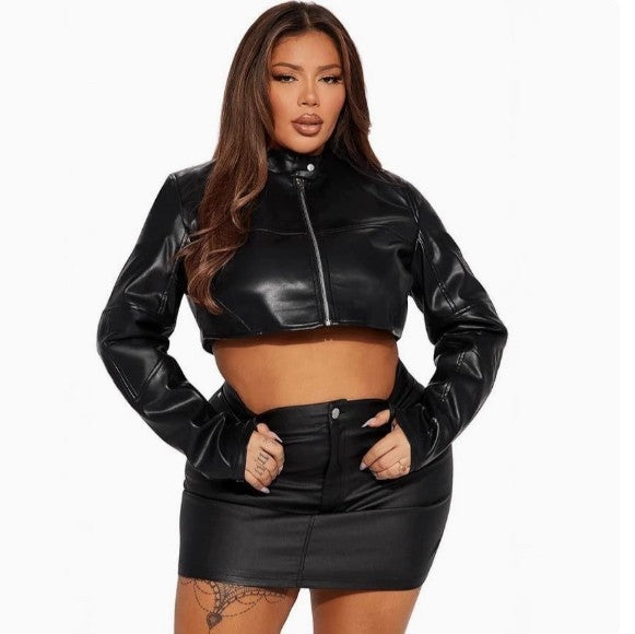 Cropped biker leather jacket back view