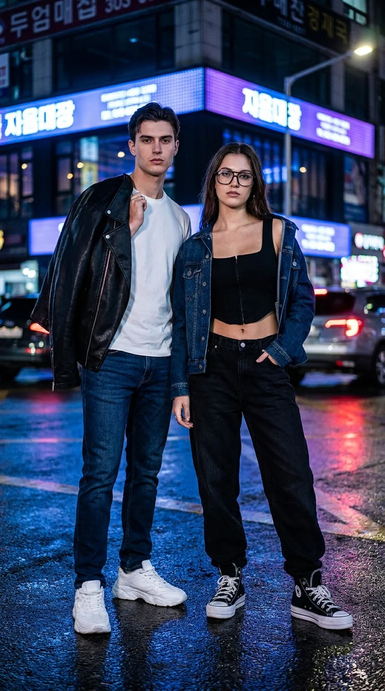 Couple in TAEVI Starboy streetwear collection — men's and women's contemporary fashion