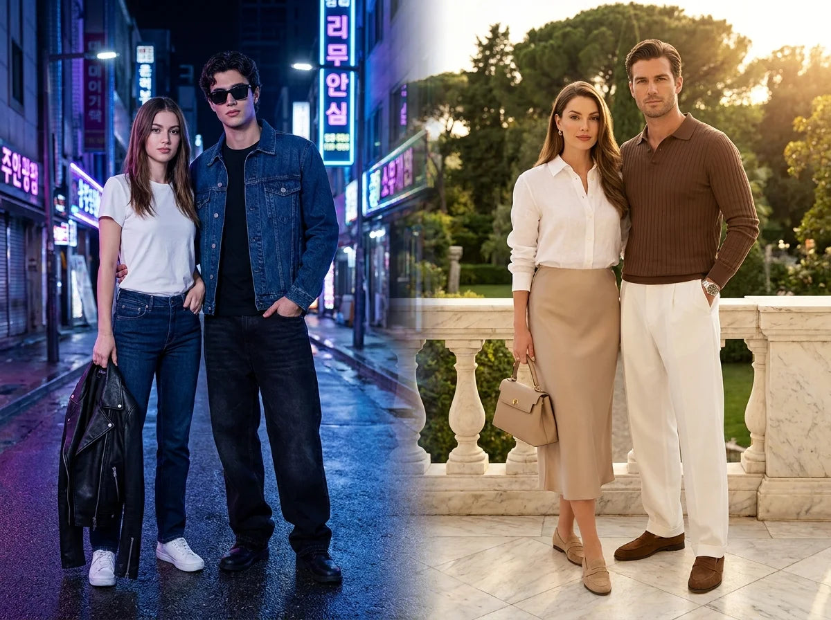 Couple wearing TAEVI old money luxury fashion — men's and women's old money clothing collection