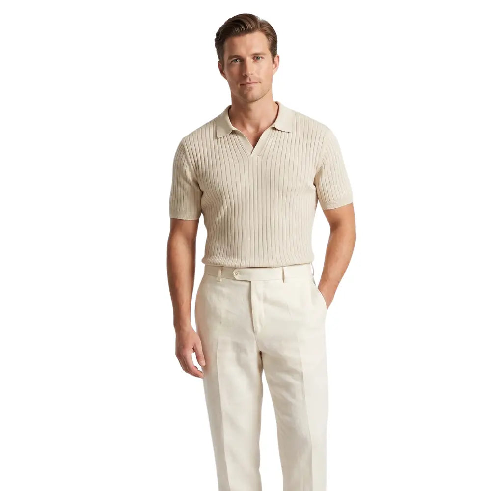 Premium ribbed polo main view on model