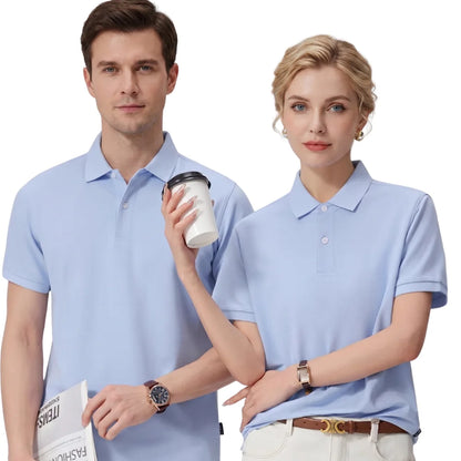 Two people wearing light blue polo shirts on a white background