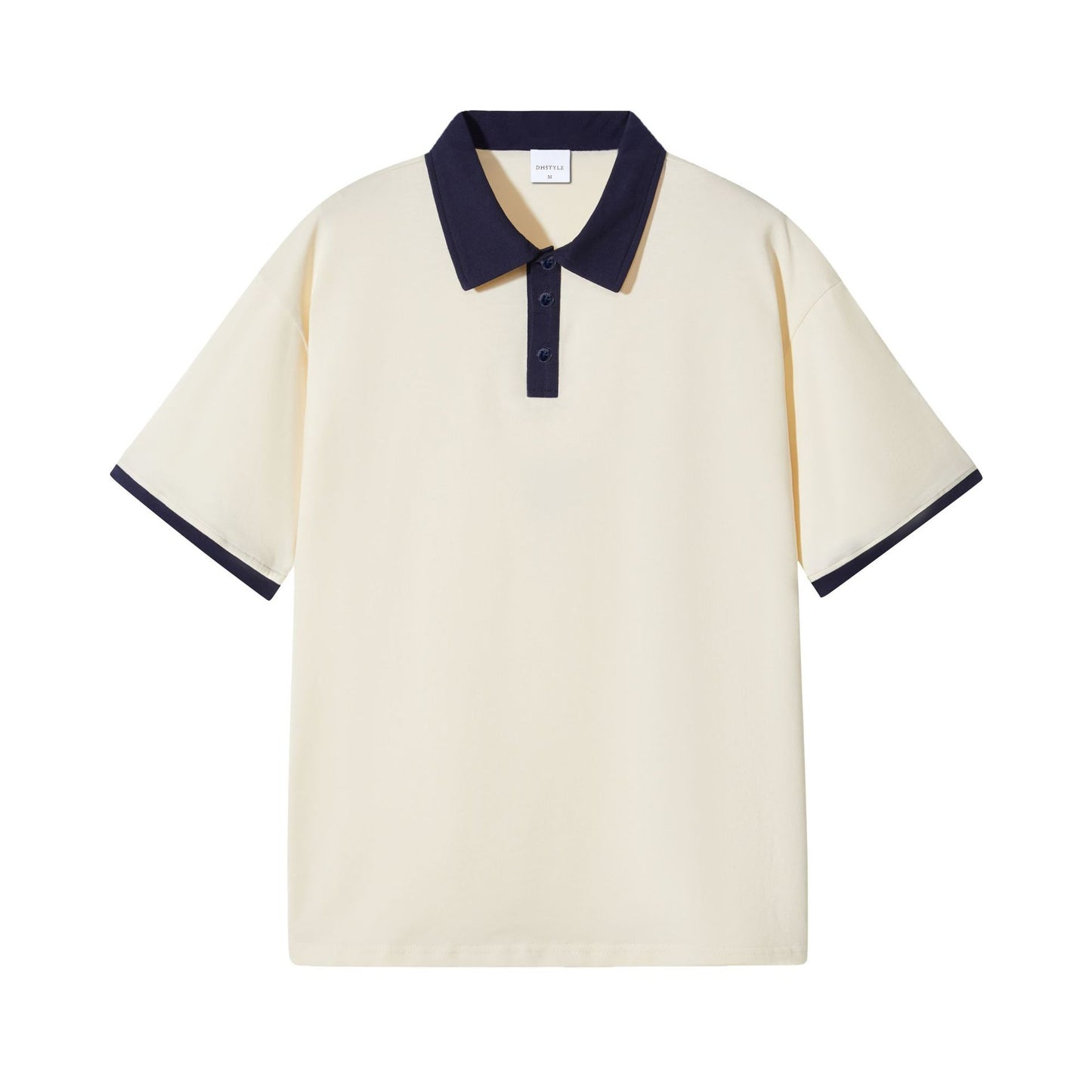 Beige polo shirt with navy trim on a white background