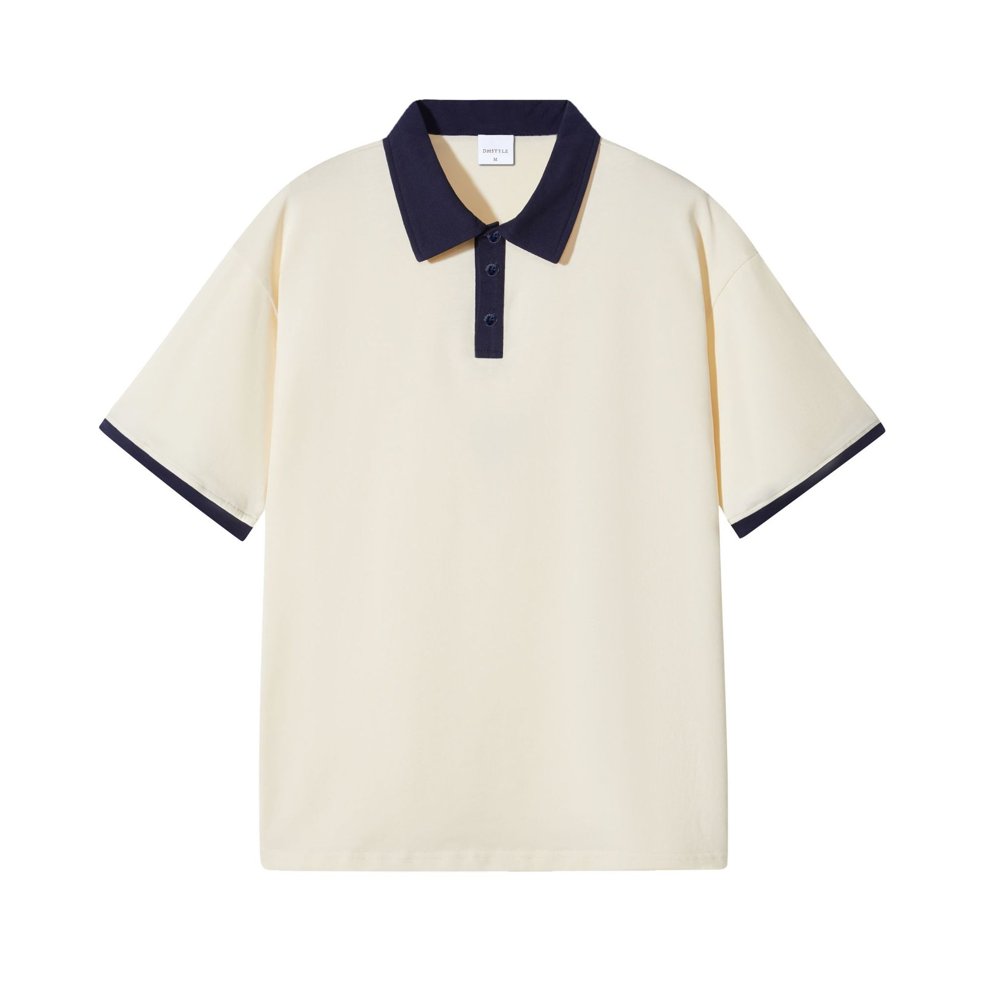 Beige polo shirt with navy trim on a white background