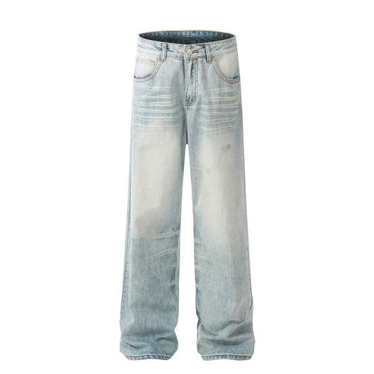 Men's vintage washed straight jeans classic denim