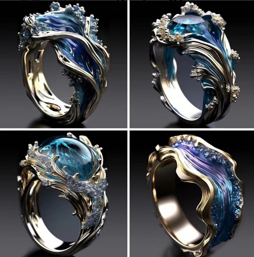 Wave oil drop diamond ring side view