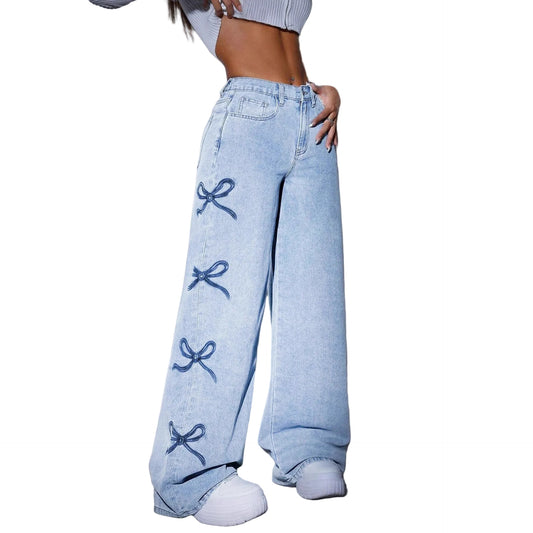 Women's printed wide leg jeans casual denim fashion