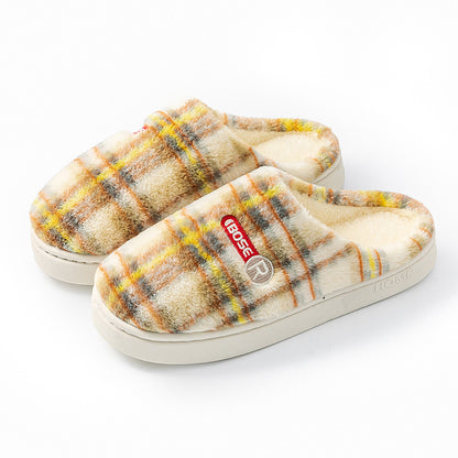 Plush plaid home shoes close-up