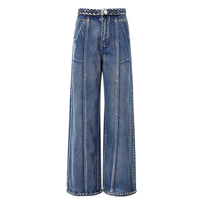 Women's braided wide leg jeans casual denim fashion