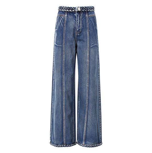Women's braided wide leg jeans casual denim fashion