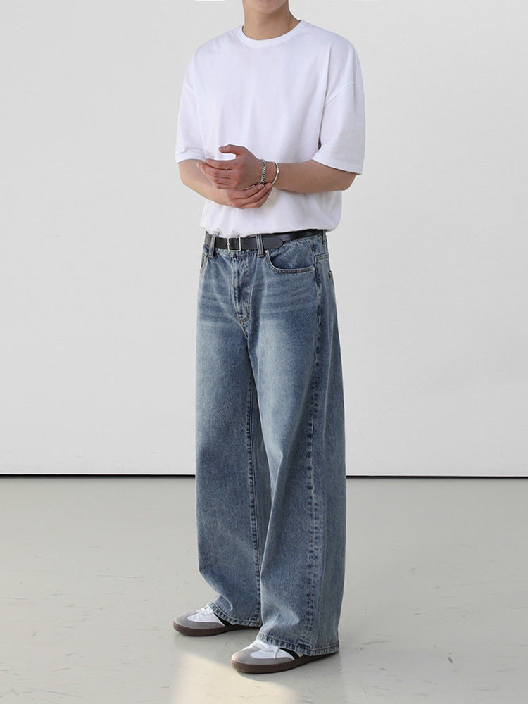 Men's retro washed jeans waistband detail