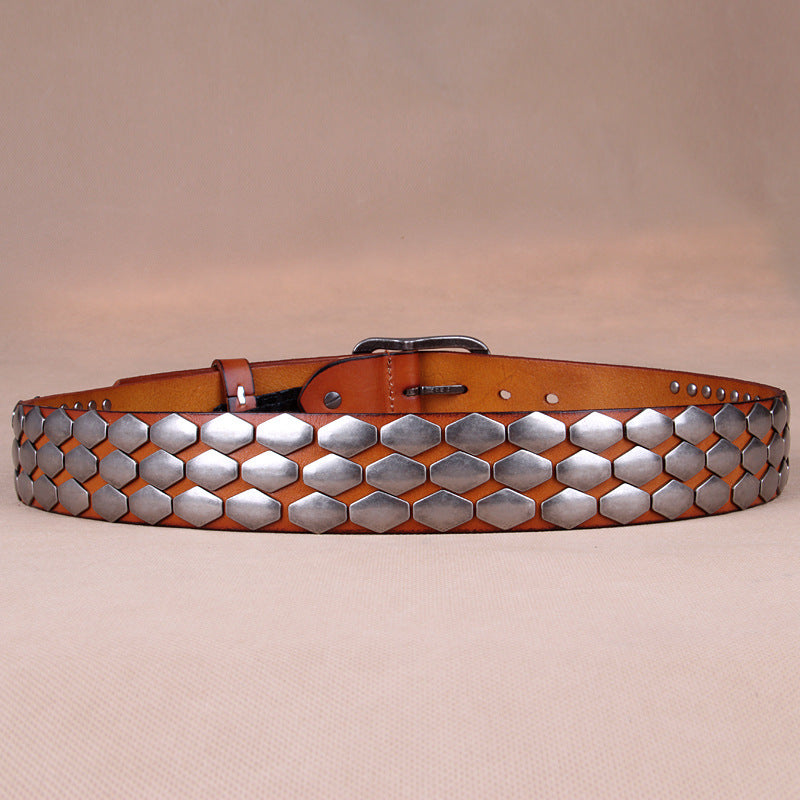 Premium full-grain tan leather belt buckle detail