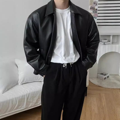 Men's leather moto baseball jacket back view