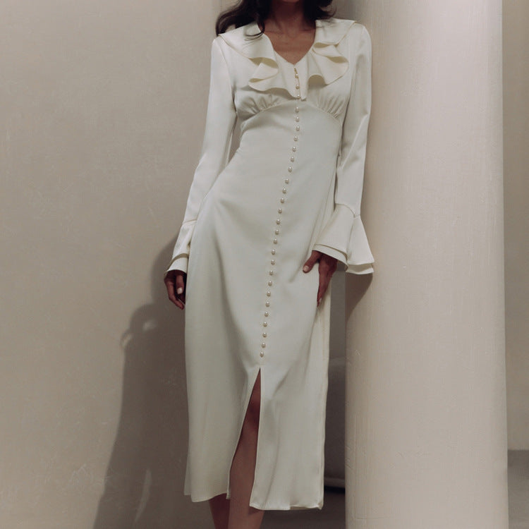 Women's pearl button ruffle midi dress full length