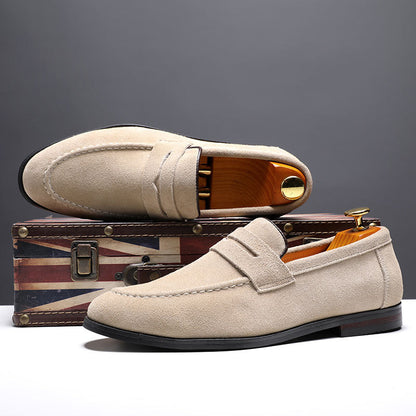 Men's suede penny loafers back view