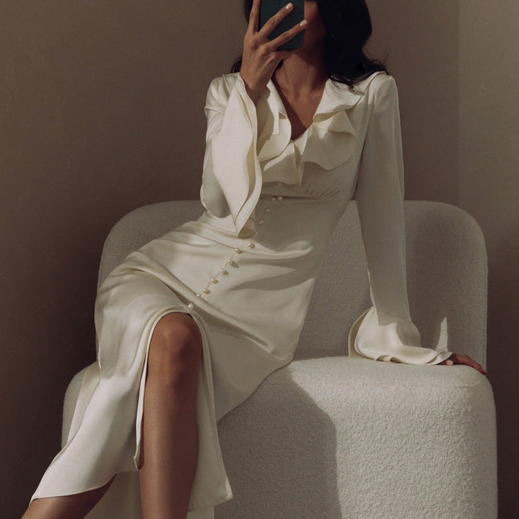 Women's pearl button ruffle midi dress lifestyle